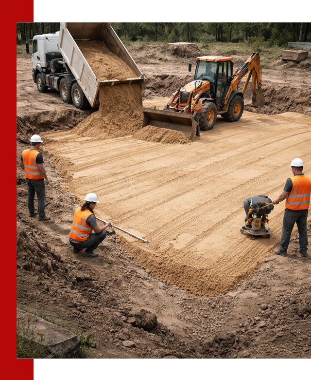 Устройство песчаной подушки для фундаментов и дорог в Юбилейном